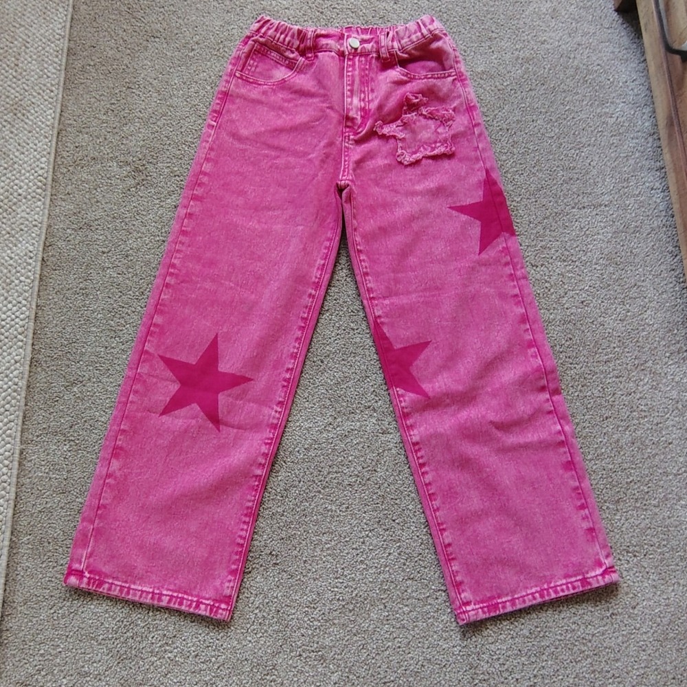 Girls Pink Celestial Star Wide Leg Jeans 11 Patchwork‎ Y2K Bold Barbiecore